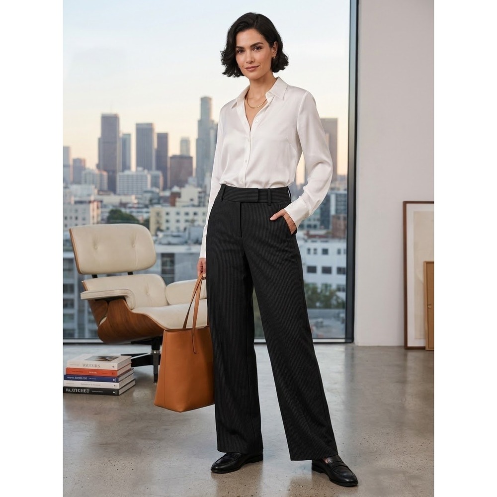Pinstripe Wide Leg French Connection Black Wool Blend Trousers Size 4
